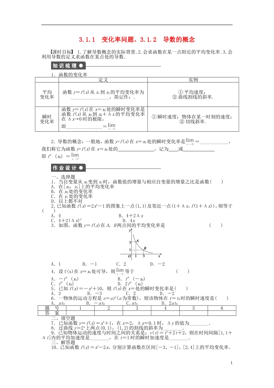 高中数学 第3章 导数及其应用 3.1.1-3.1.2 变化率问题、导数的概念课时作业 新人教A版选修1-1-新人教A版高二选修1-1数学试题_第1页
