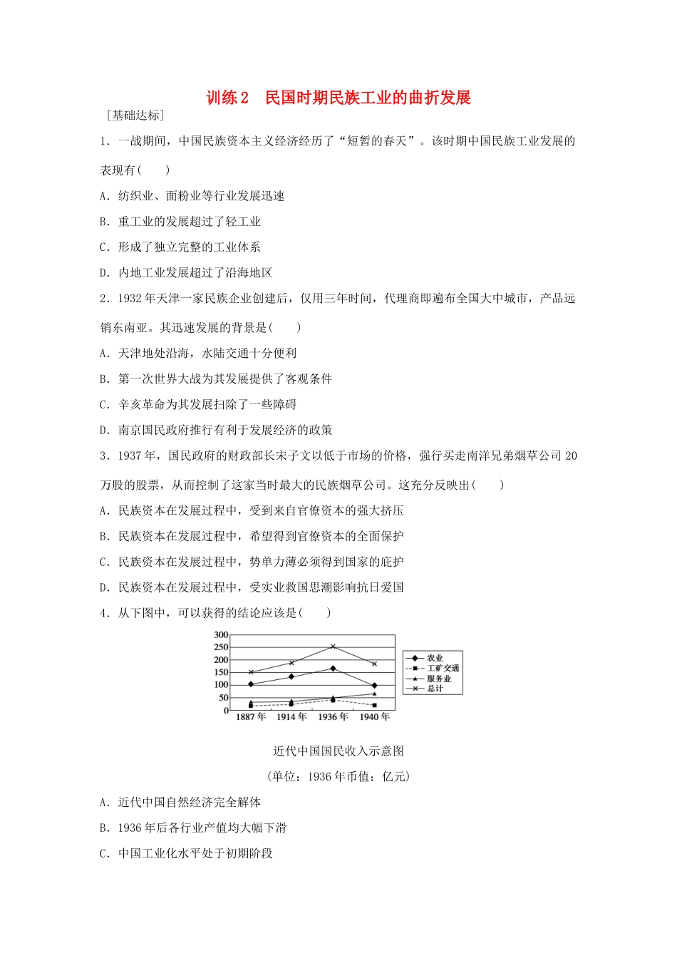 高中历史 专题二 近代中国资本主义的曲折发展 2 民国时期民族工业的曲折发展练习 人民版必修2-人民版高一必修2历史试题_第1页