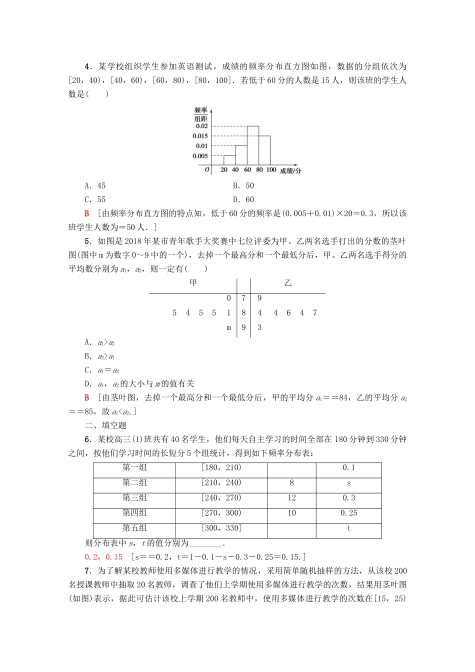 高中数学 课时分层作业12 用样本的频率分布估计总体分布（含解析）新人教A版必修3-新人教A版高一必修3数学试题_第2页