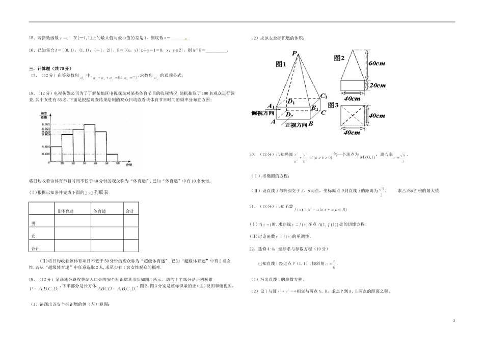 高二数学第二学期第二学段考试试题 文（无答案）-人教版高二全册数学试题_第2页