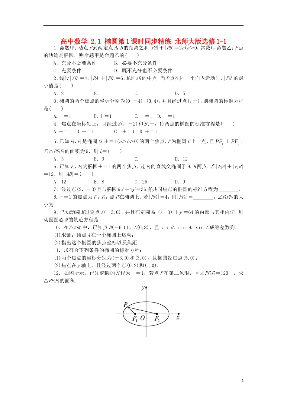 高中数学 2.1 椭圆第1课时同步精练 北师大版选修1-1-北师大版高二选修1-1数学试题_第1页