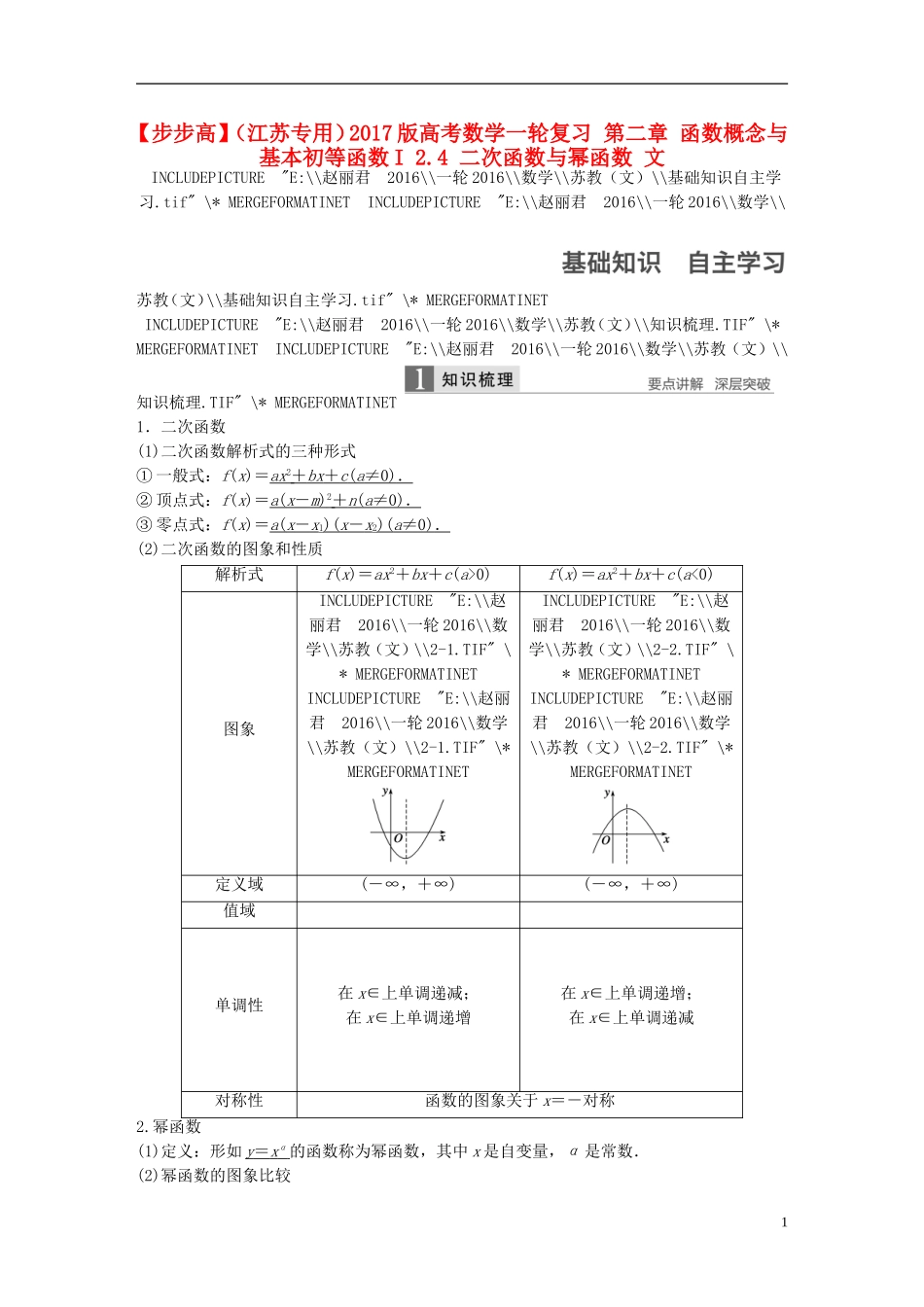 （江苏专用）高考数学一轮复习 第二章 函数概念与基本初等函数I 2.4 二次函数与幂函数 文-人教版高三全册数学试题_第1页