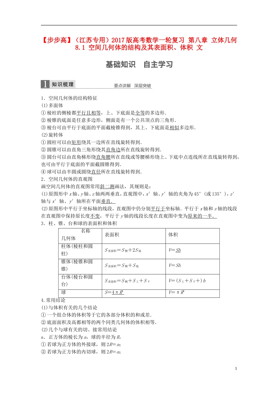 （江苏专用）高考数学一轮复习 第八章 立体几何 8.1 空间几何体的结构及其表面积、体积 文-人教版高三全册数学试题_第1页
