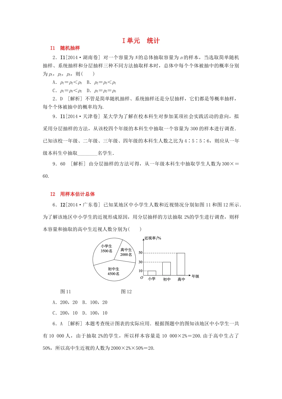 高考数学一轮精品复习 I单元 统计（含解析）-人教版高三全册数学试题_第1页