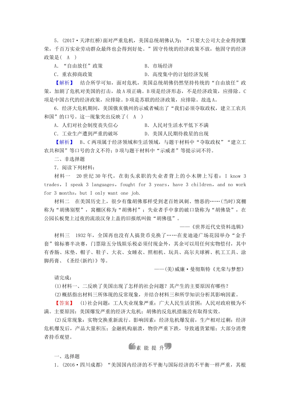 高中历史 专题6 罗斯福新政与当代资本主义 第1课“自由放任”的美国课时作业 人民版必修2-人民版高一必修2历史试题_第2页