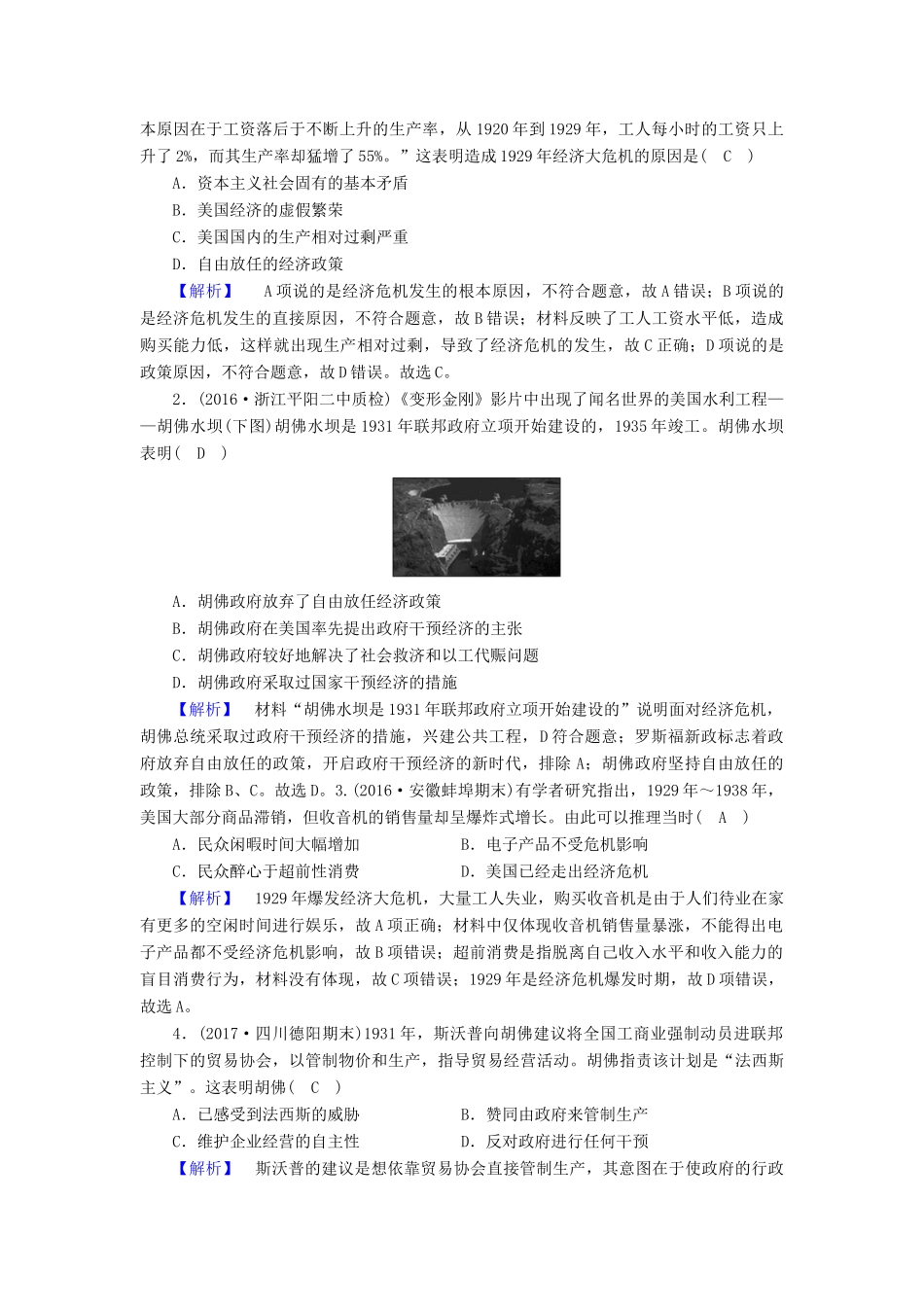 高中历史 专题6 罗斯福新政与当代资本主义 第1课“自由放任”的美国课时作业 人民版必修2-人民版高一必修2历史试题_第3页