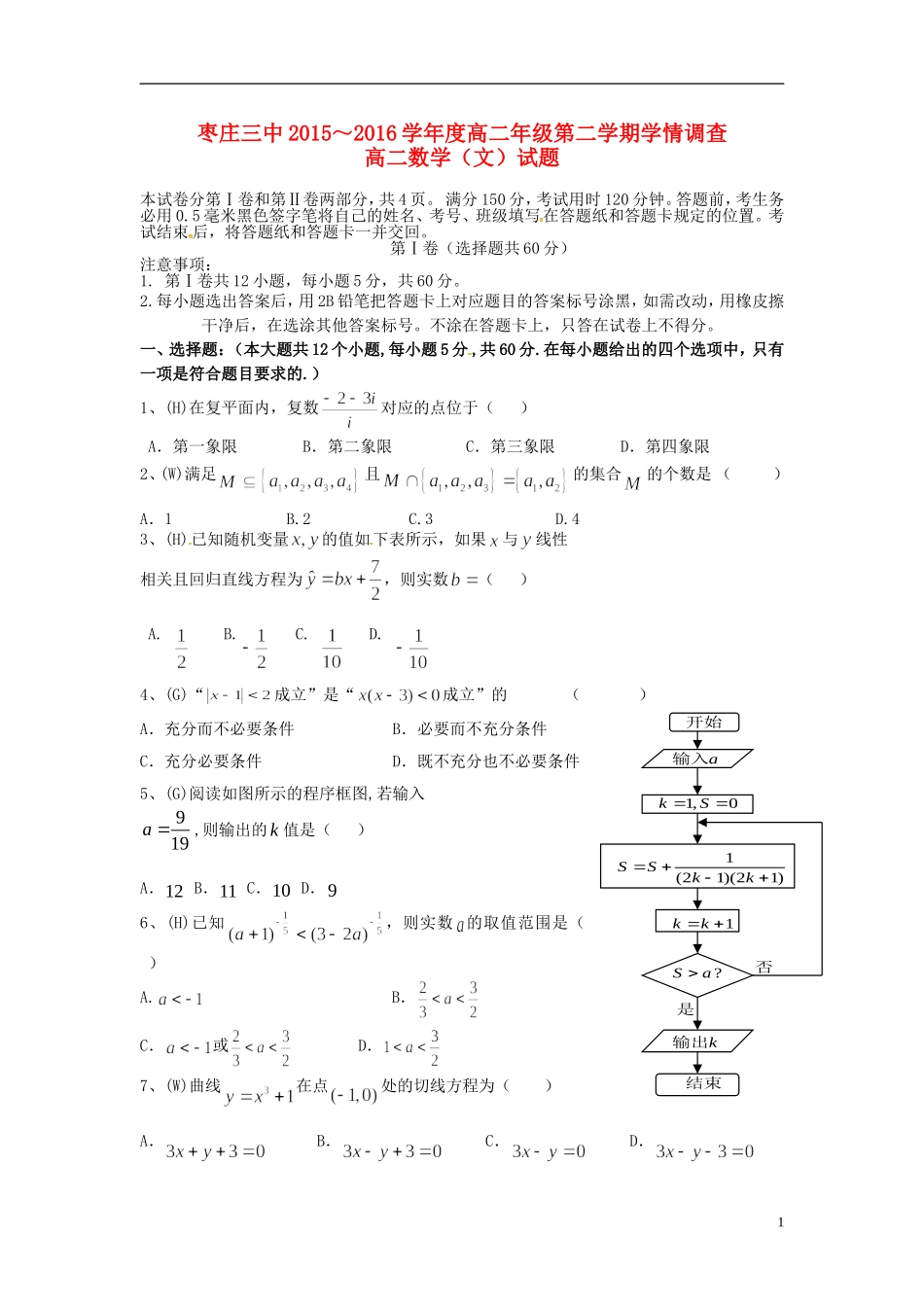 高二数学6月学情调查试题 文-人教版高二全册数学试题_第1页