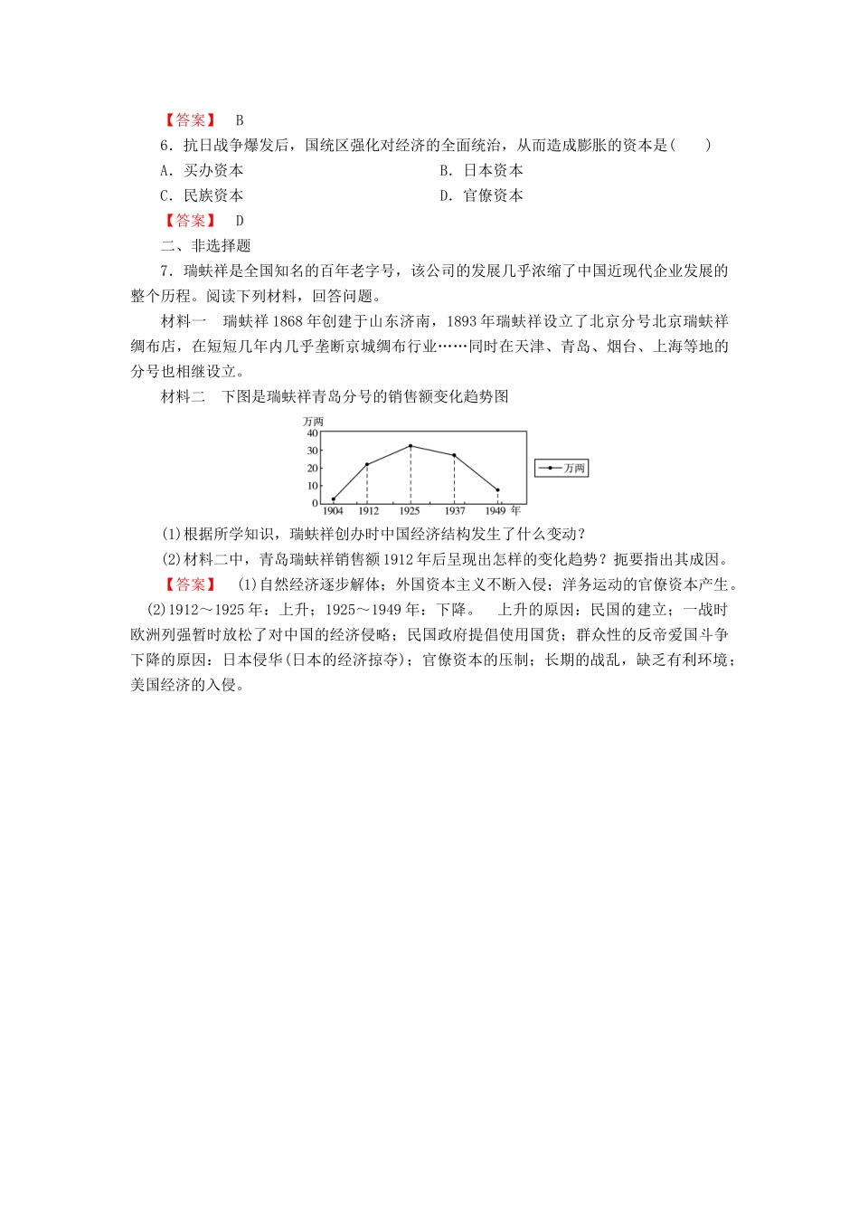 高中历史 第3单元 近代中国经济结构的变动与中国民族资本主义的曲折发展 第10课时 中国民族资本主义的曲折发展检测 新人教版必修2-新人教版高一必修2历史试题_第2页