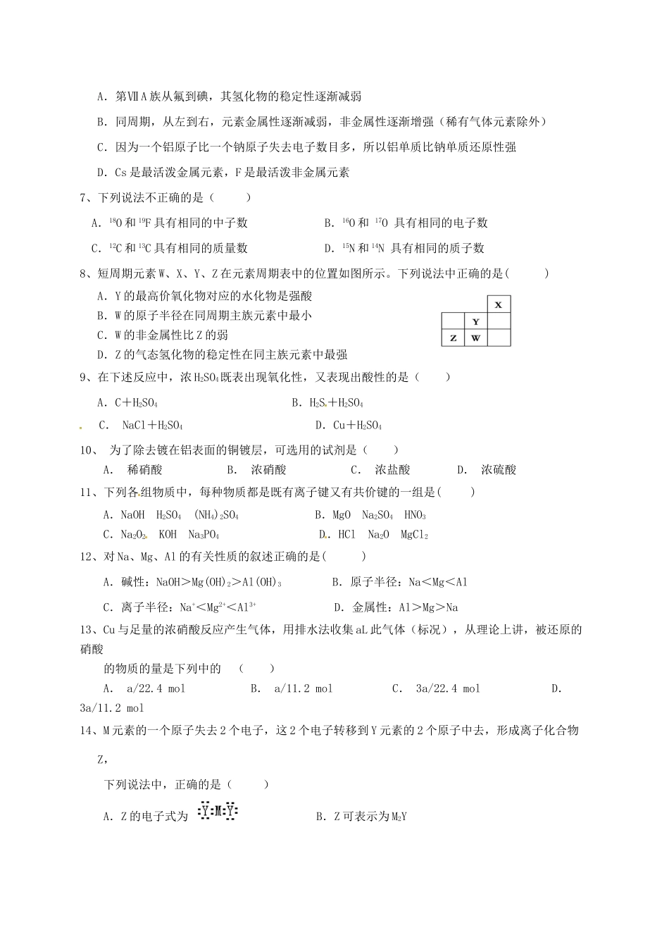 福建省福州市鼓楼区高一化学下学期期中试题-人教版高一全册化学试题_第2页