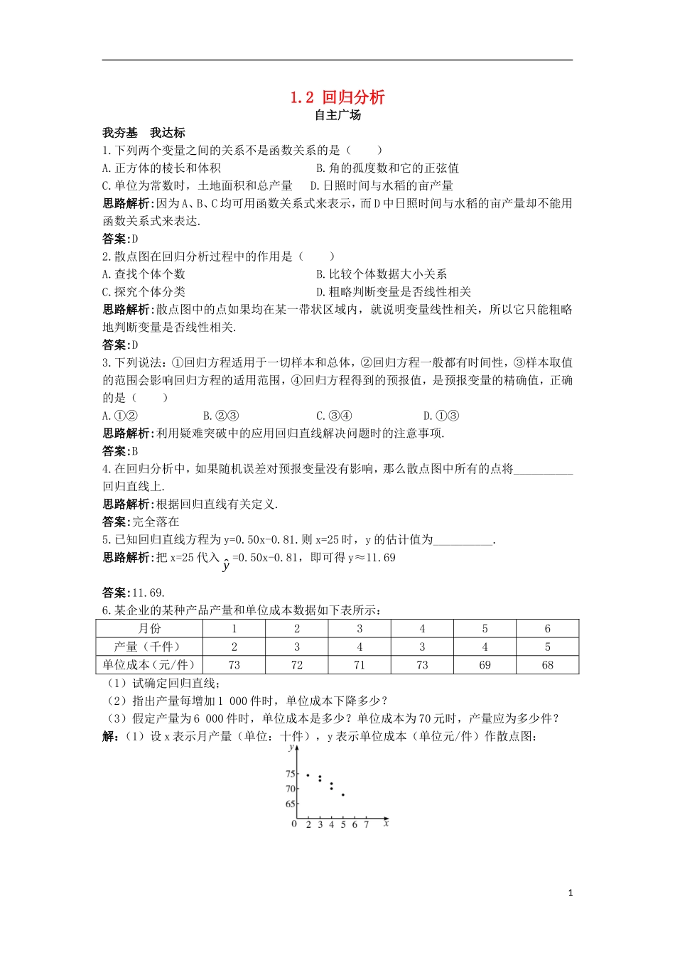高中数学 第1章 统计案例 1.2 回归分析自主练习 苏教版选修1-2-苏教版高二选修1-2数学试题_第1页