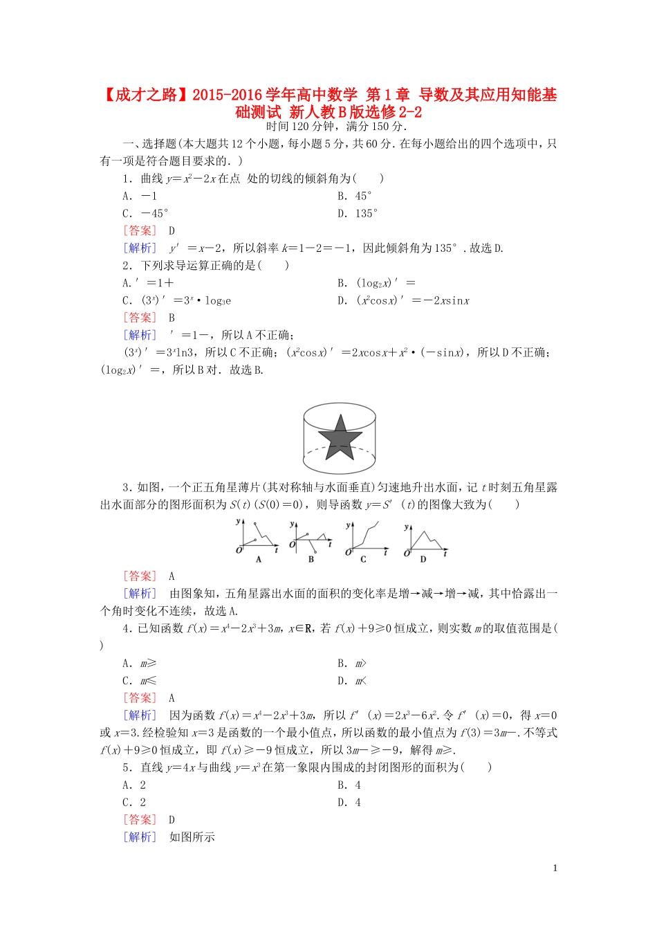 高中数学 第1章 导数及其应用知能基础测试 新人教B版选修2-2-新人教B版高二选修2-2数学试题_第1页