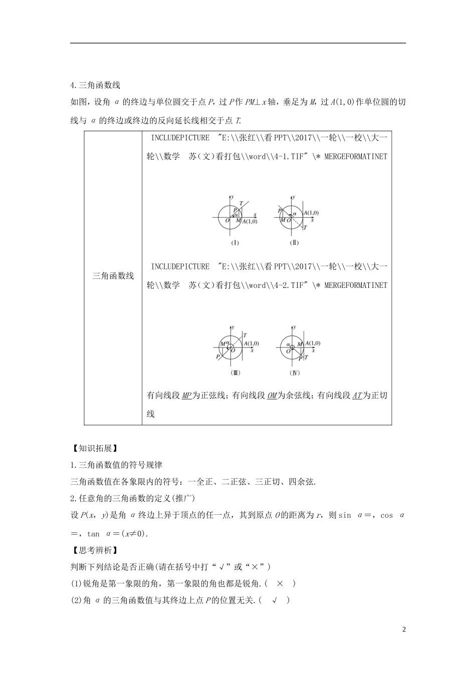 （江苏专用）高考数学大一轮复习 第四章 三角函数、解三角形 4.1 任意角、弧度制及任意角的三角函数教师用书 文 苏教版-苏教版高三全册数学试题_第2页