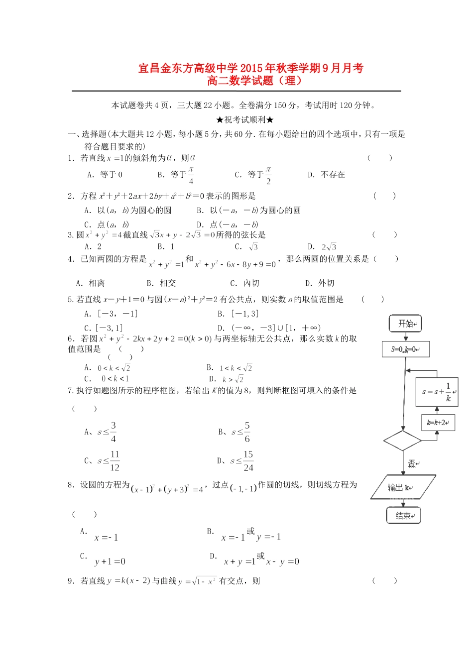 高二数学上学期9月月考试题 理-人教版高二全册数学试题_第1页