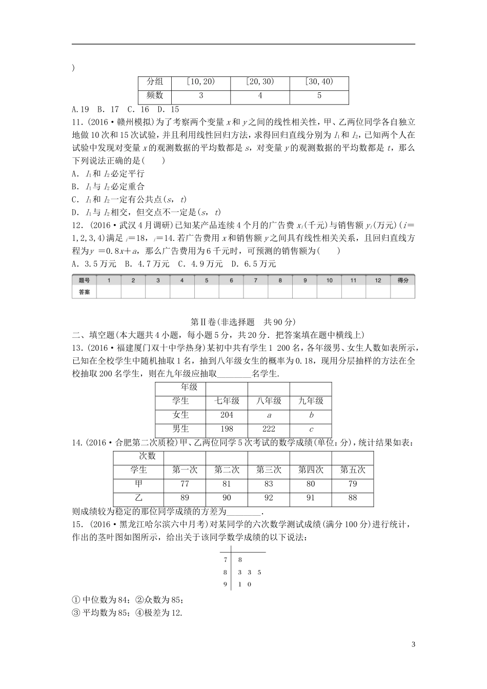 （全国通用）高考数学一轮复习 单元滚动检测十一 统计与统计案例 理 新人教B版-新人教B版高三全册数学试题_第3页