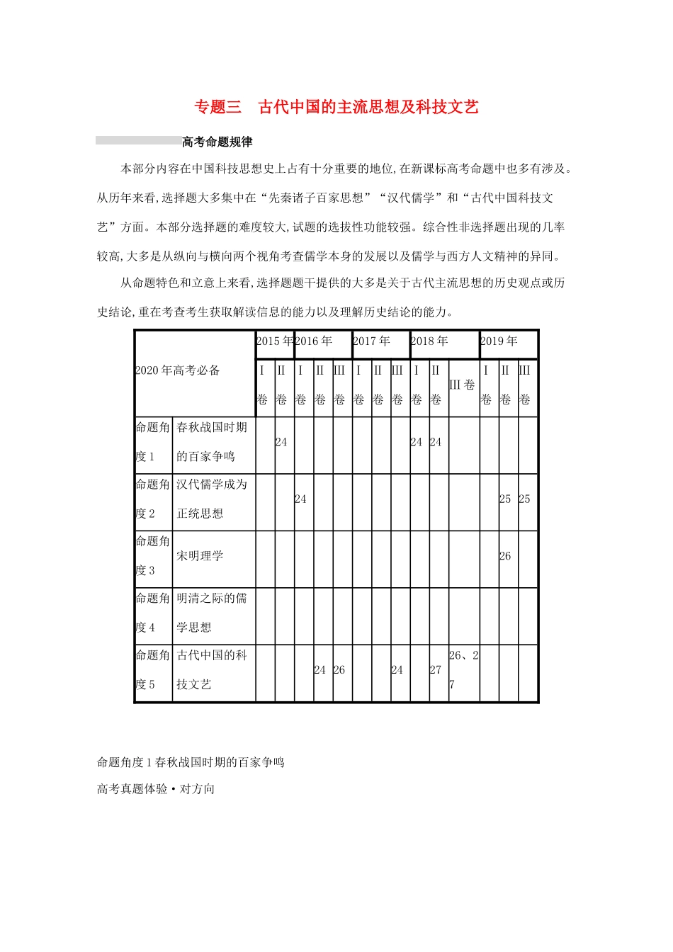 高考历史二轮复习 专题三 古代中国的主流思想及科技文艺对对练-人教版高三全册历史试题_第1页