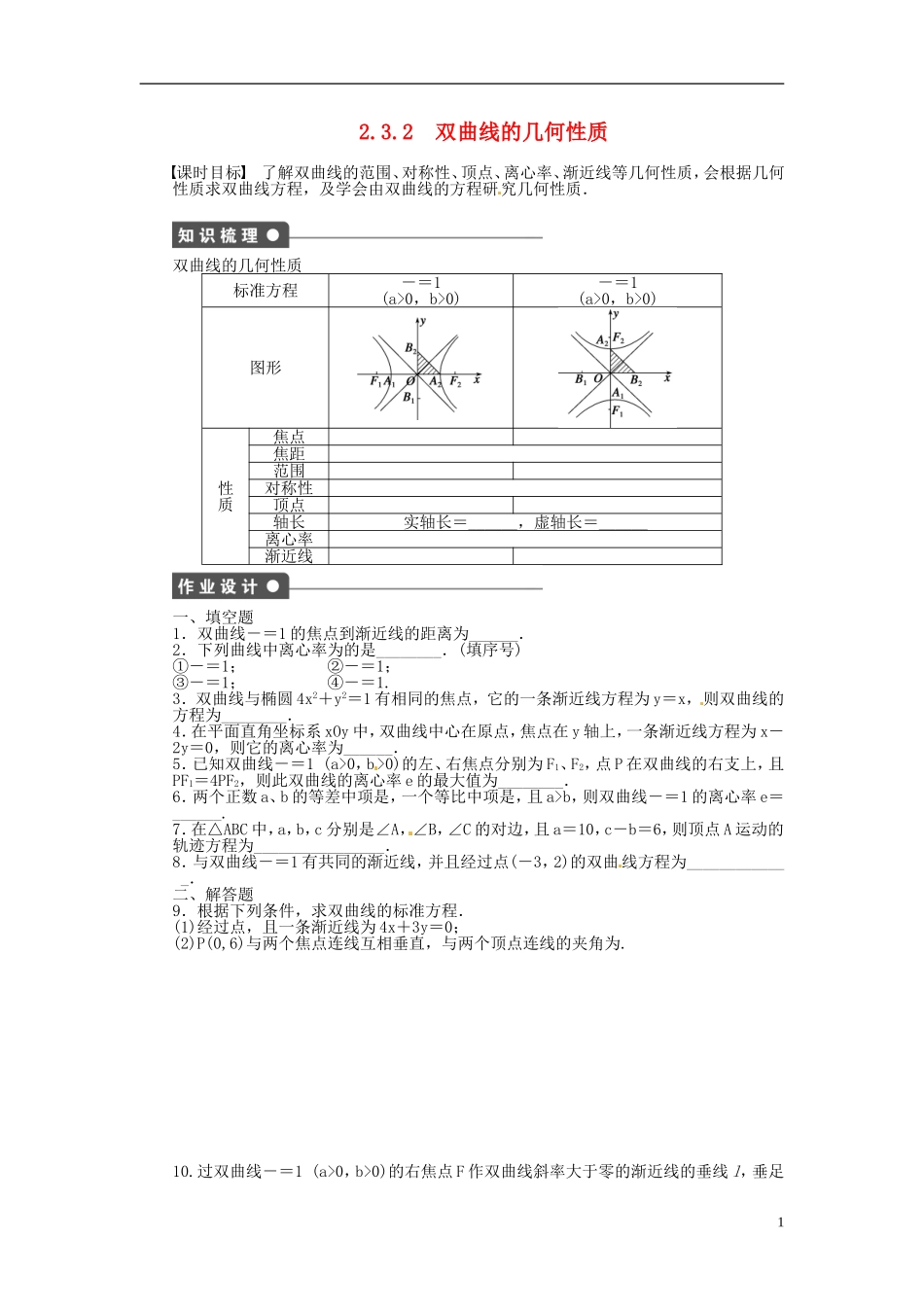 高中数学 2.3.2双曲线的几何性质同步练习（含解析）苏教版选修1-1-苏教版高二选修1-1数学试题_第1页