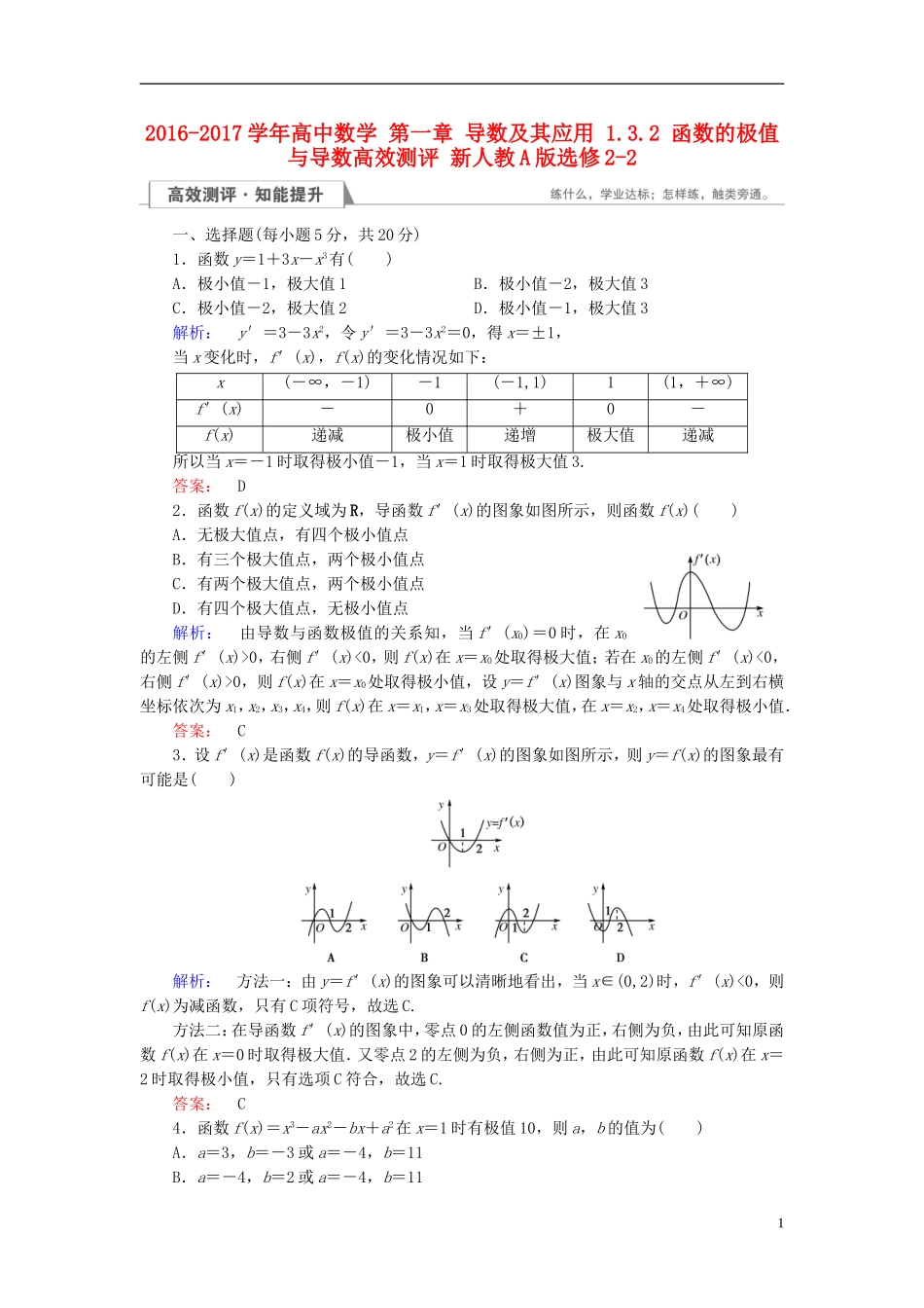 高中数学 第一章 导数及其应用 1.3.2 函数的极值与导数高效测评 新人教A版选修2-2-新人教A版高二选修2-2数学试题_第1页