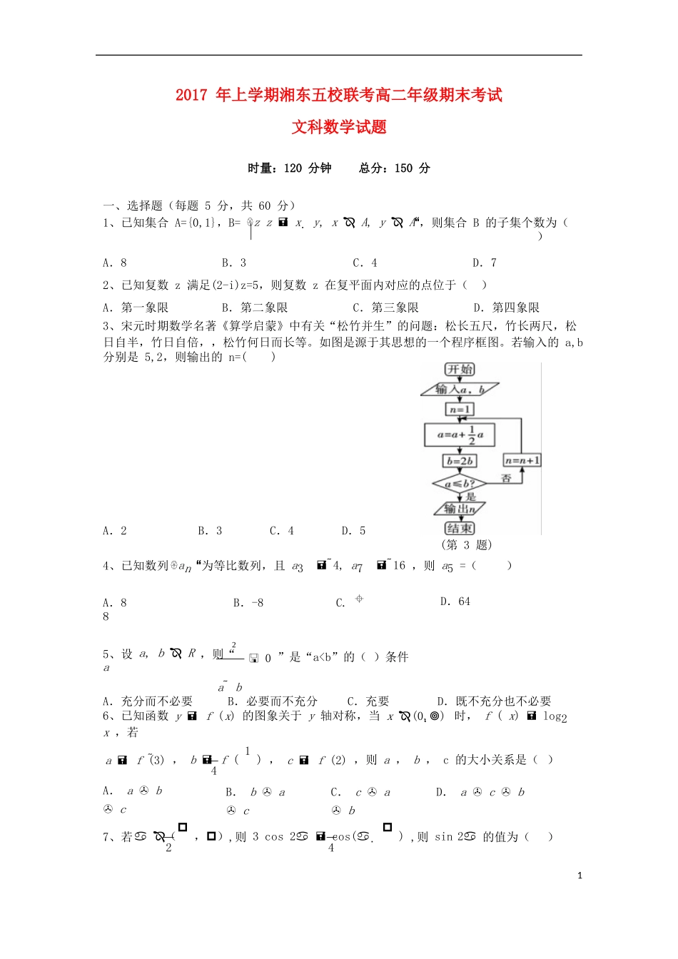 湖南省湘东五校高二数学下学期期末联考试题 文-人教版高二全册数学试题_第1页