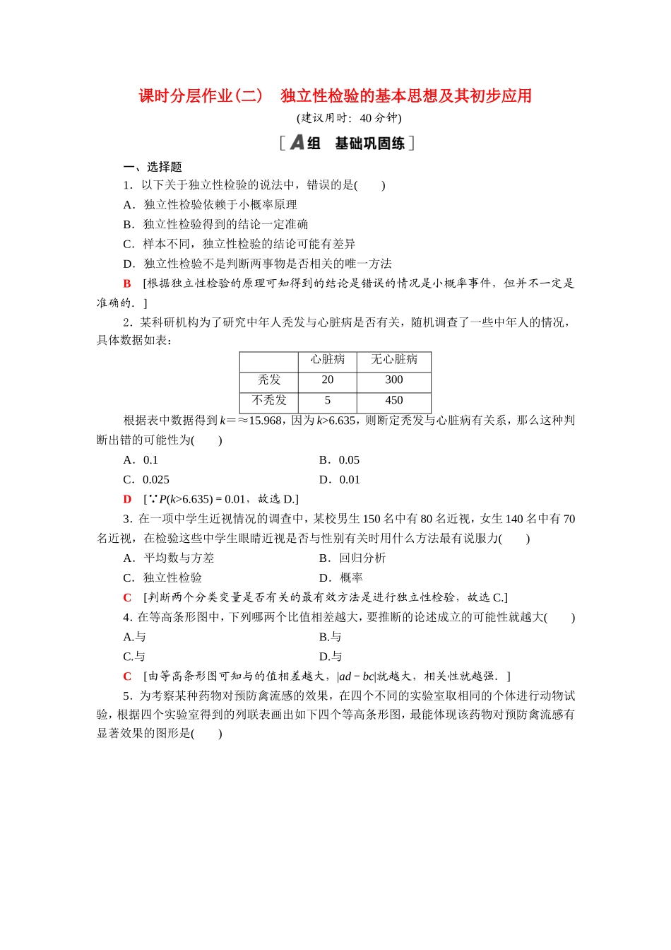 高中数学 第一章 统计案例 1.2 独立性检验的基本思想及其初步应用课时分层作业（含解析）新人教A版选修1-2-新人教A版高二选修1-2数学试题_第1页