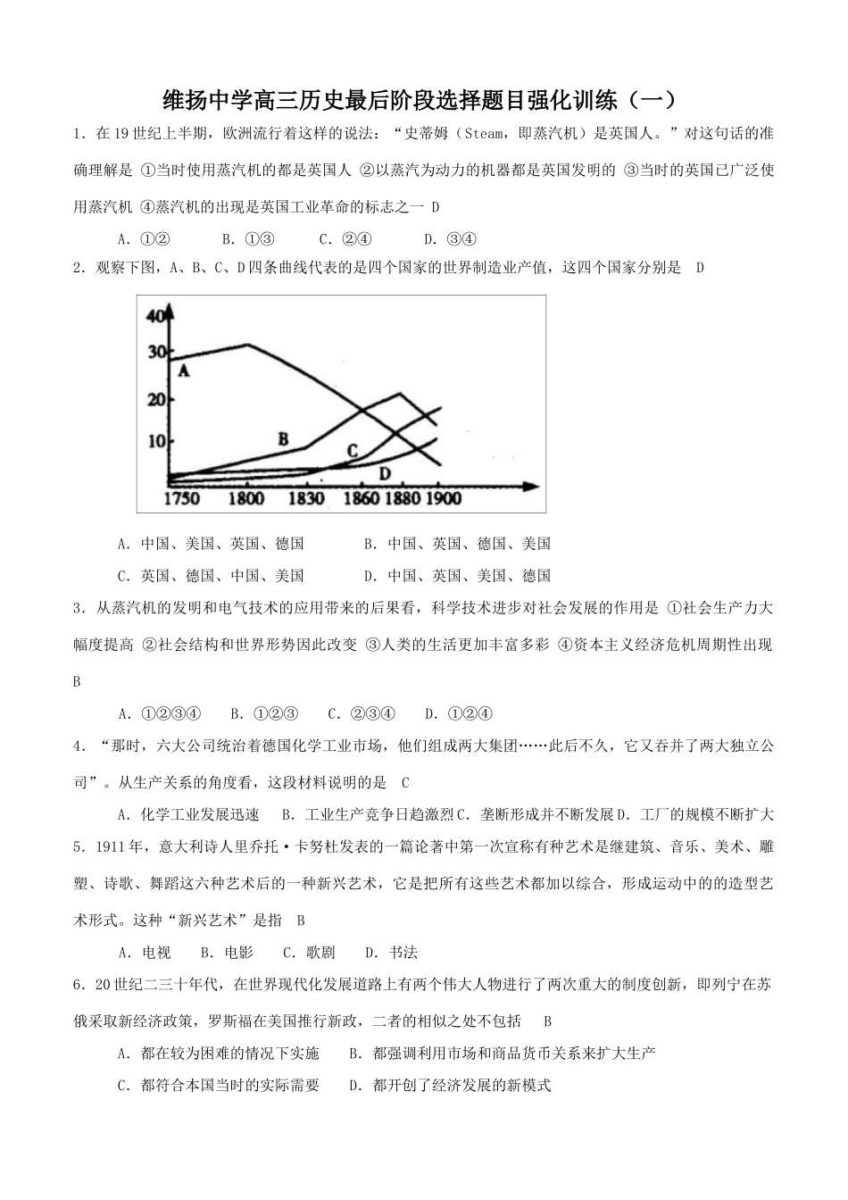 高考历史选择题目强化训练26天_第1页