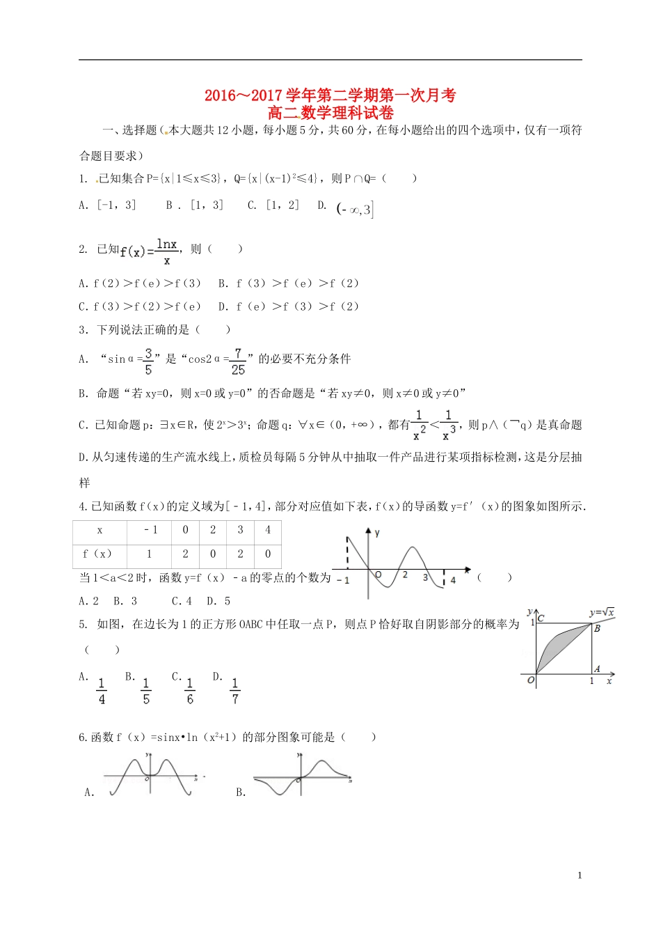 贵州省遵义市高二数学下学期第一次月考试题 理-人教版高二全册数学试题_第1页
