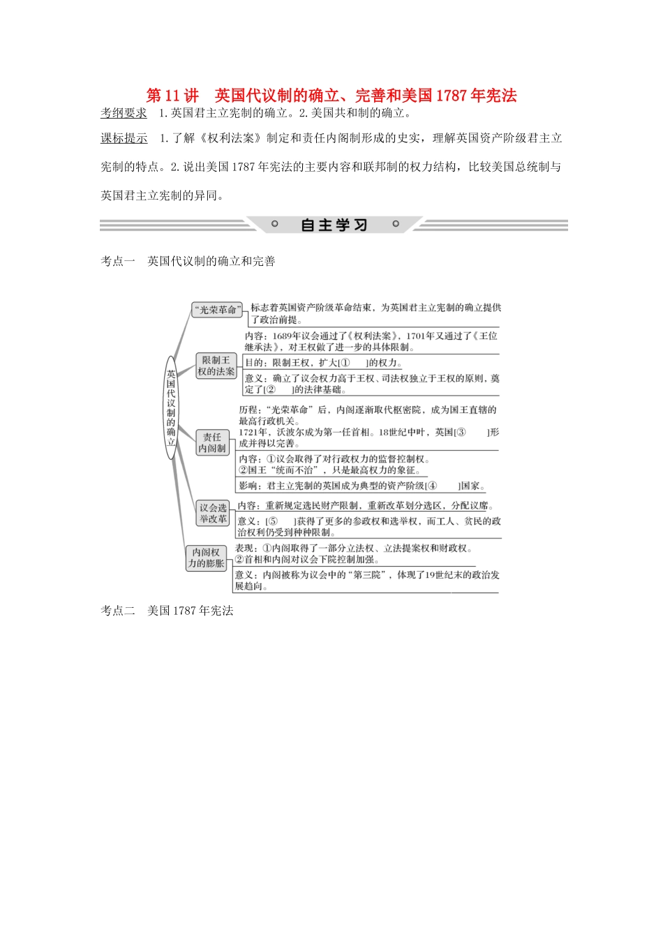 高考历史总复习 专题四 古代希腊、罗马的政治文明和近代西方的民主政治 第11讲 英国代议制的确立、完善和美国宪法教师用书 人民版-人民版高三全册历史试题_第1页