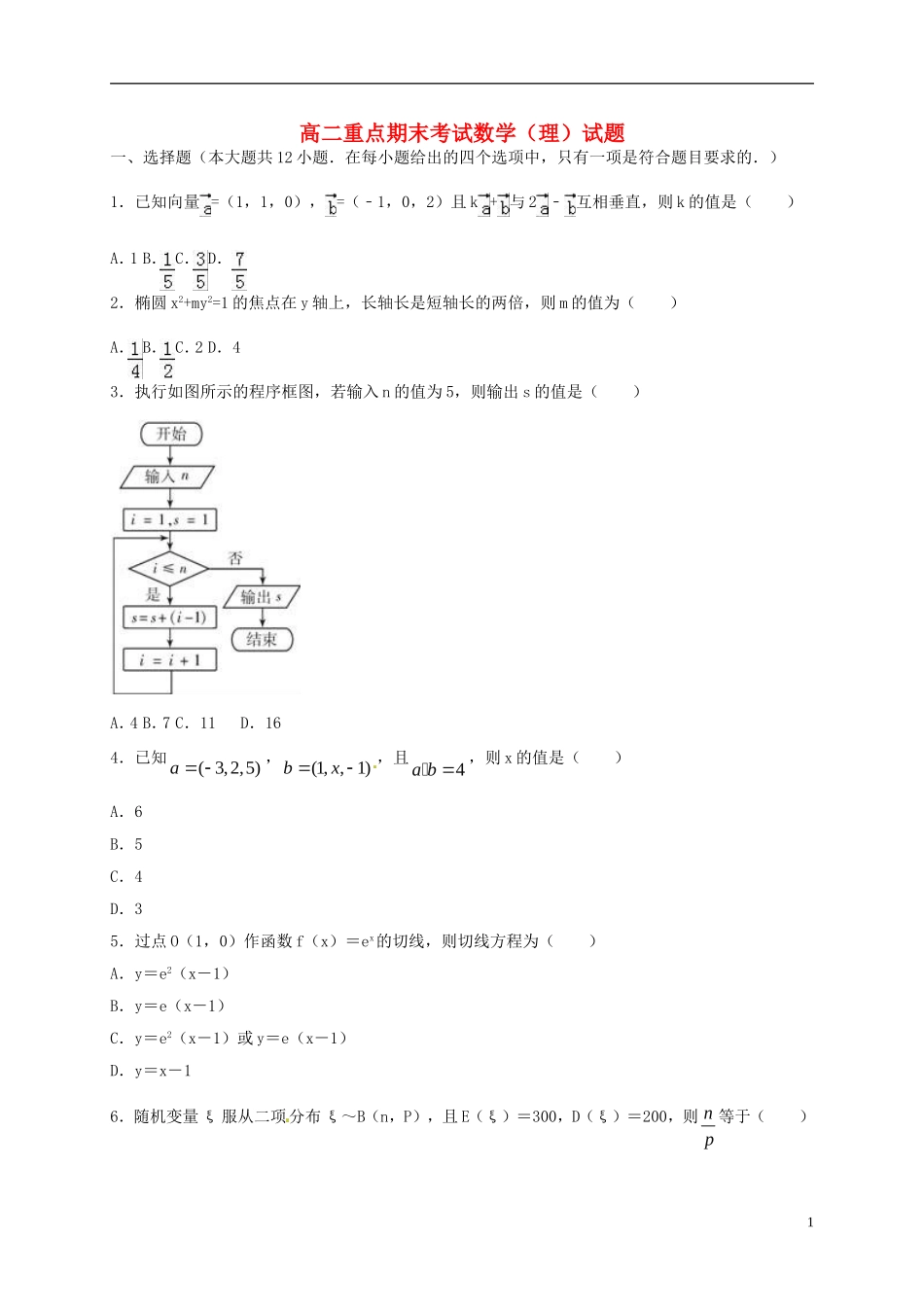 陕西省黄陵县高二数学下学期期末考试试题（重点班）理-人教版高二全册数学试题_第1页