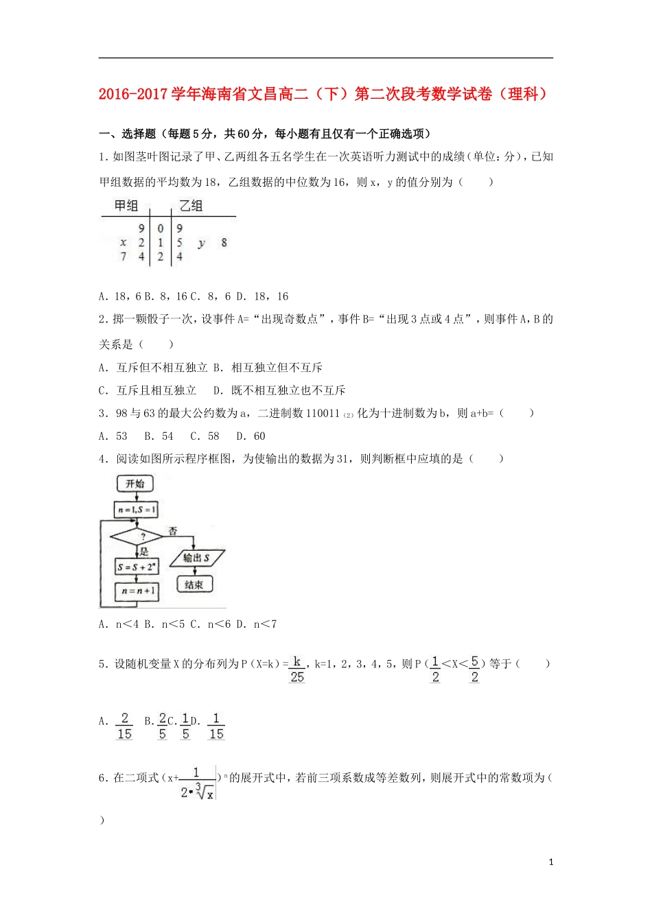海南省文昌市高二数学下学期第二次段考试卷 理（含解析）-人教版高二全册数学试题_第1页