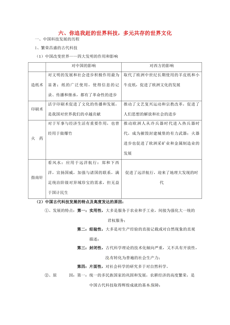高考历史专题复习笔记 历年高考频点知识网络构建六 你追我赶的世界科技，多元共存的世界文化-人教版高三全册历史试题_第1页