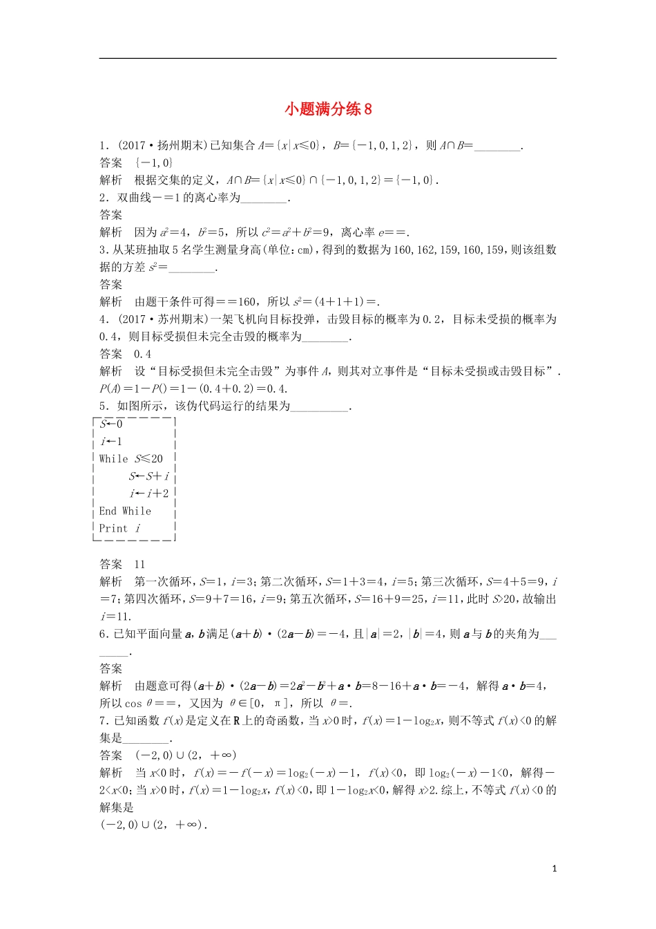 （江苏专用）高考数学总复习 考前三个月 小题满分练8 理-人教版高三全册数学试题_第1页