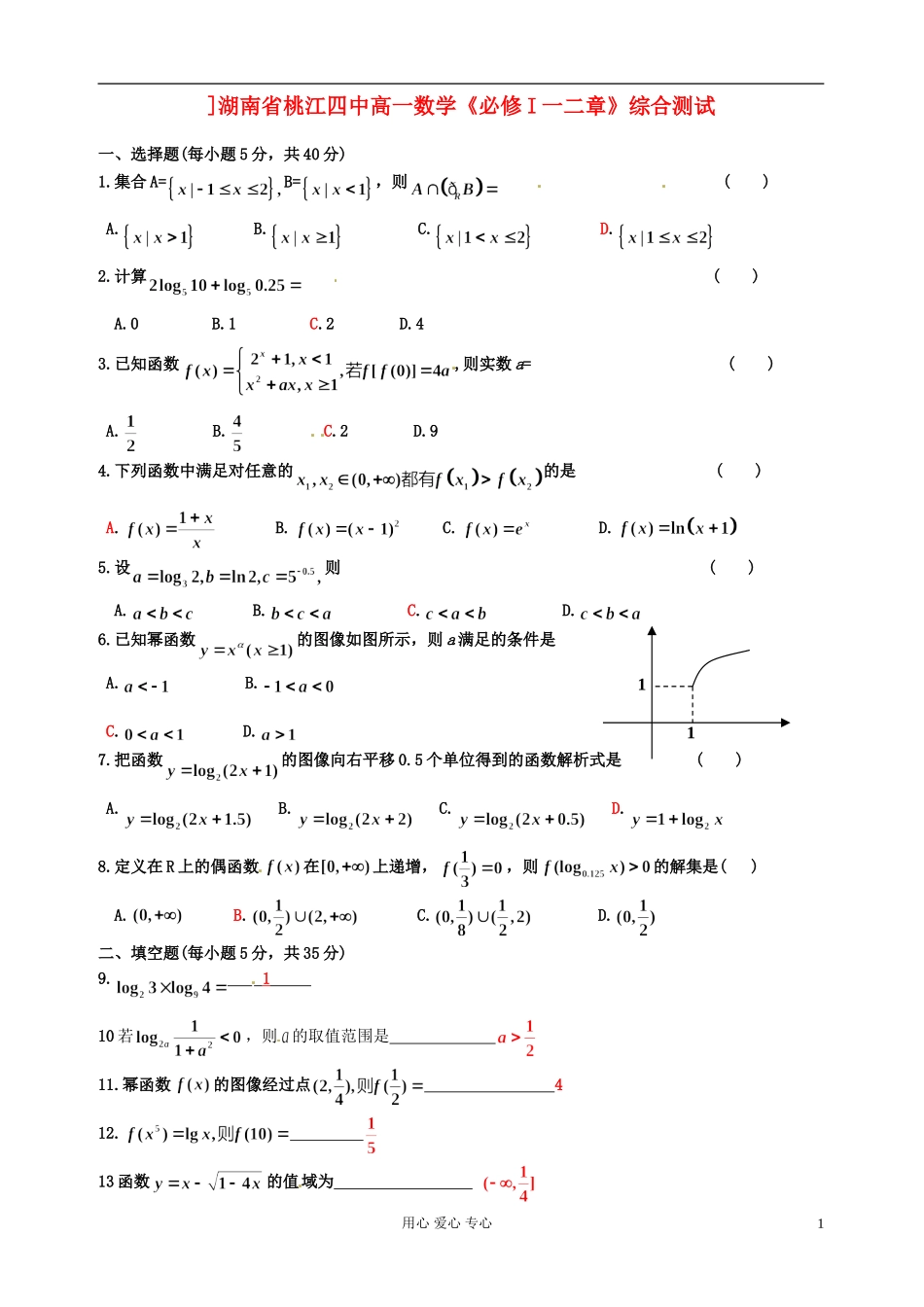 湖南省桃江四中高一数学《必修I一二章》综合测试_第1页