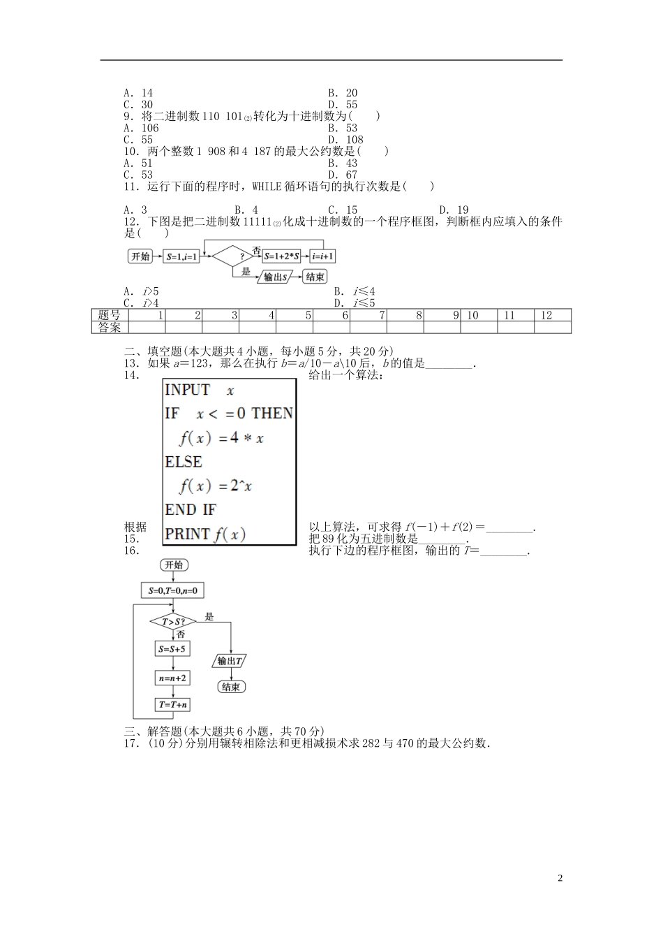 高中数学 第一章 算法初步单元检测（A卷）新人教A版必修3-新人教A版高一必修3数学试题_第2页
