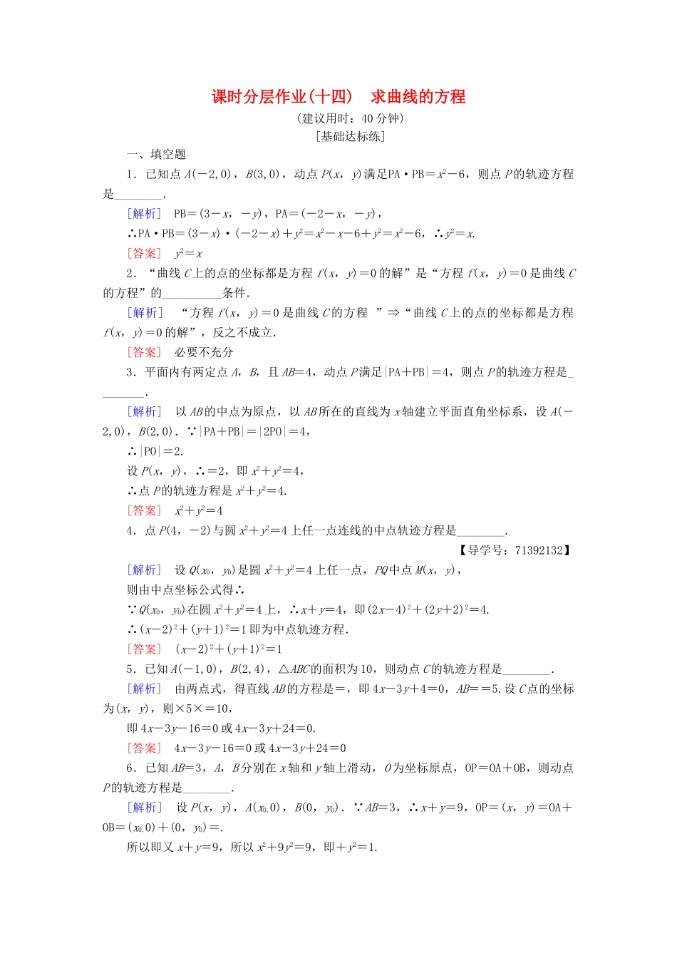 高中数学 课时分层作业14 求曲线的方程 苏教版必修4-苏教版高一必修4数学试题_第1页