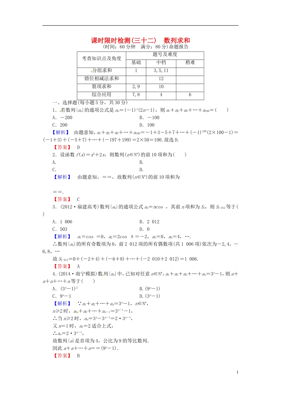 山东省济宁市高考数学一轮复习 32数列求和限时检测 新人教A版-新人教A版高三全册数学试题_第1页