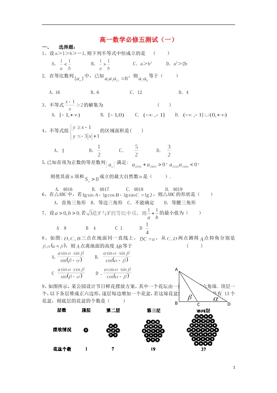 浙江省义乌市第三中学高中数学测试（一） 新人教A版必修5_第1页