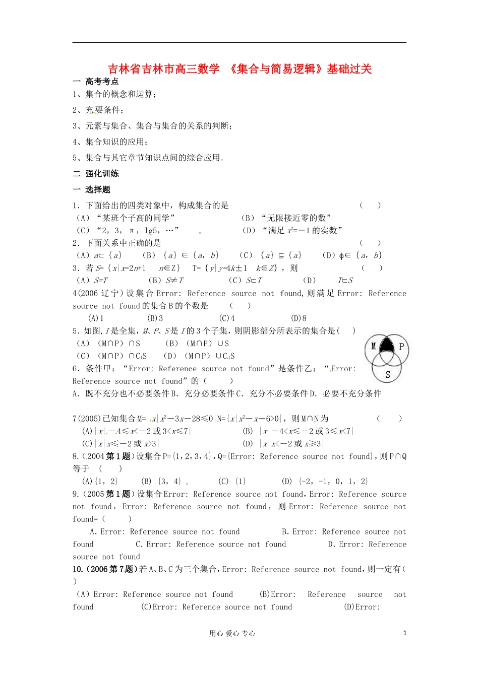 吉林省吉林市高三数学 《集合与简易逻辑》基础过关_第1页