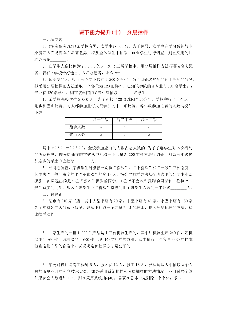 高中数学 课下能力提升（十）分层抽样 苏教版必修3-苏教版高一必修3数学试题_第1页