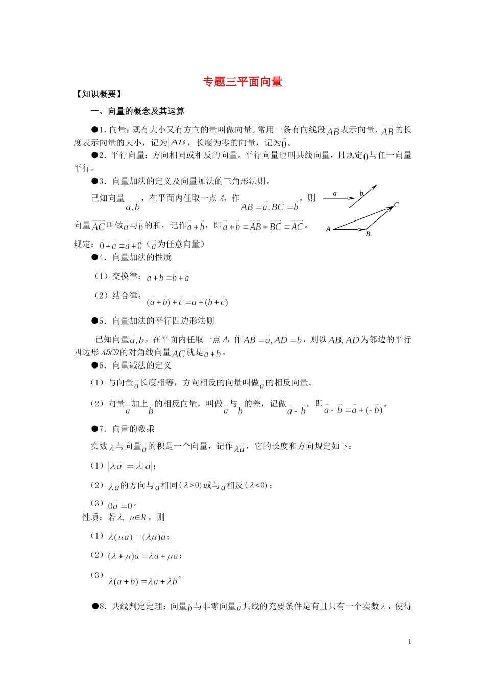 山东省烟台市芝罘区高考数学 知识点总结 专题3 平面向量 新人教A版-新人教A版高三全册数学试题_第1页