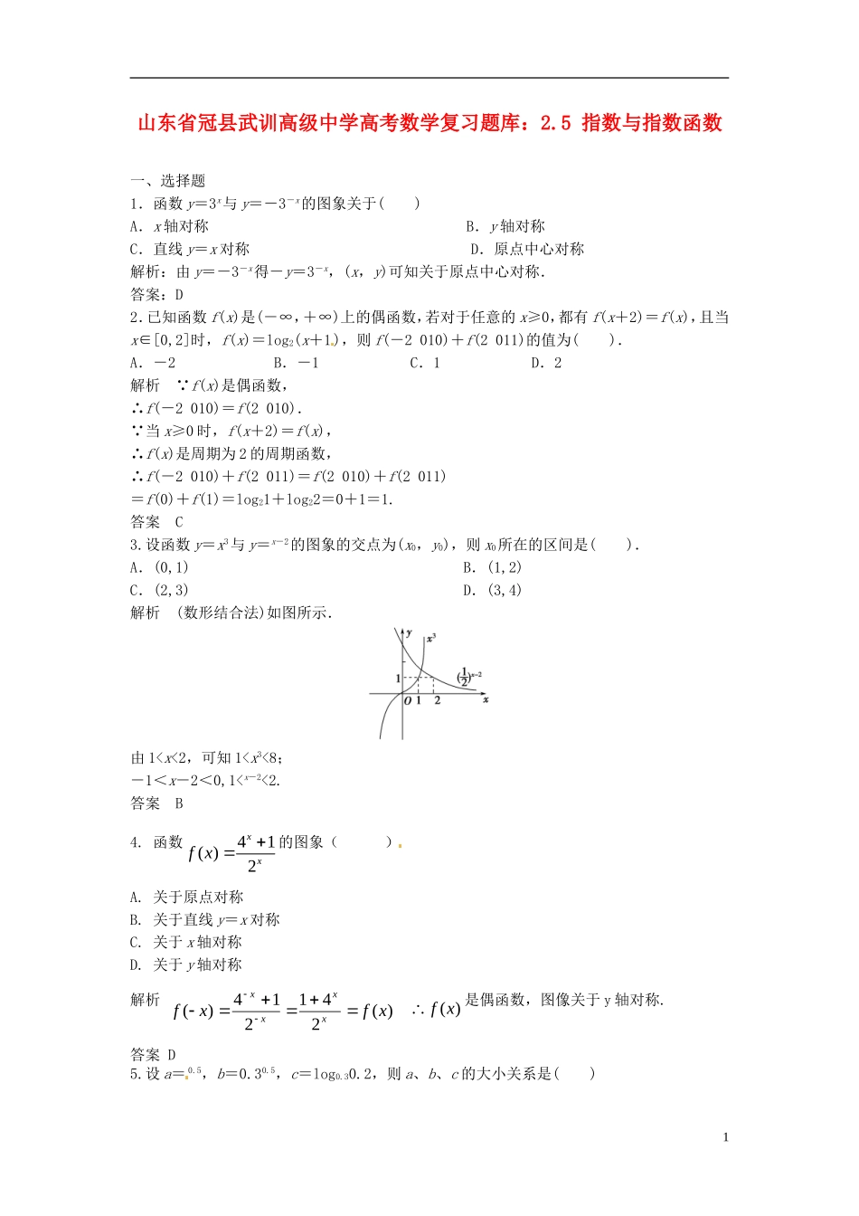 山东省冠县武训高级中学高考数学 2.5 指数与指数函数复习题库_第1页