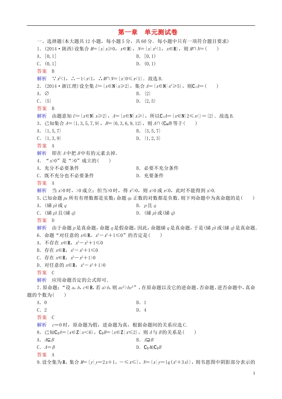 高考数学一轮复习 第一章 单元测试卷-人教版高三全册数学试题_第1页