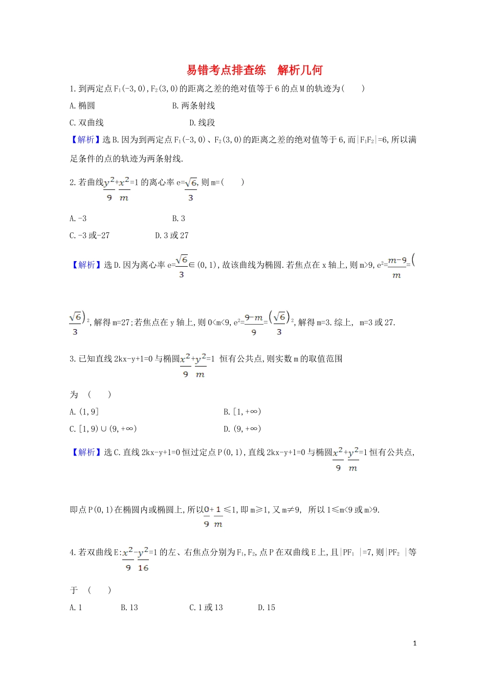 高考数学一轮复习 易错考点排查练 解析几何 苏教版-苏教版高三全册数学试题_第1页