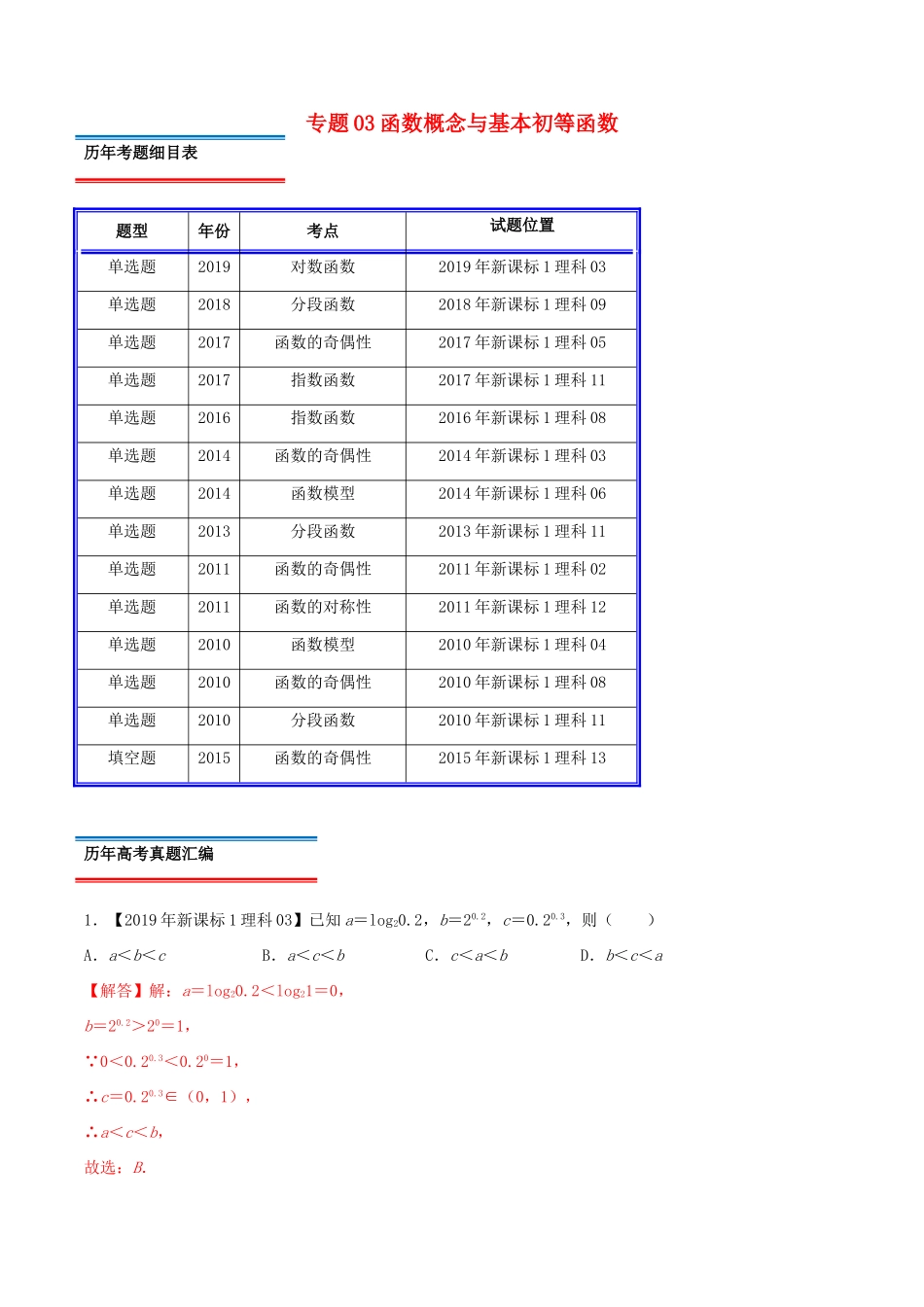 十年真题（-）高考数学真题分类汇编 专题03 函数概念与基本初等函数 理（含解析）-人教版高三全册数学试题_第1页