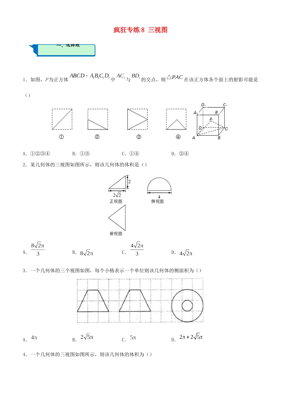 高考数学二轮复习 疯狂专练8 三视图（文）-人教版高三全册数学试题_第1页