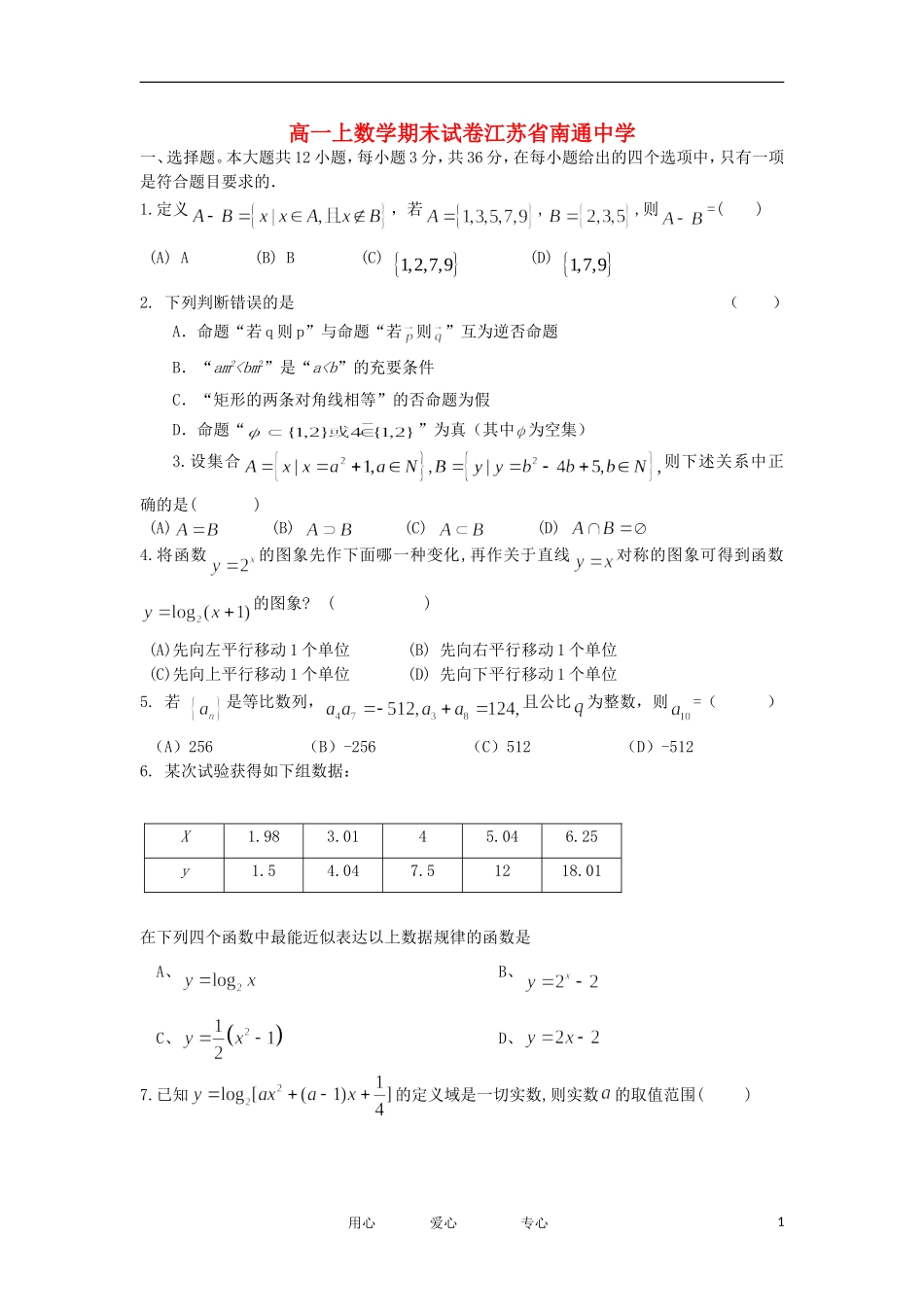 江苏省南通中学11-12学年高一数学上学期期末考试试卷新人教A版【会员独享】_第1页