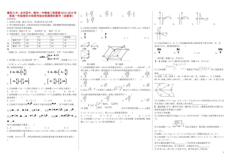 湖南省衡阳八中、永州四中、郴州一中湘南三校高一数学下学期入学分班考试试题（理科班）-人教版高一全册数学试题_第1页