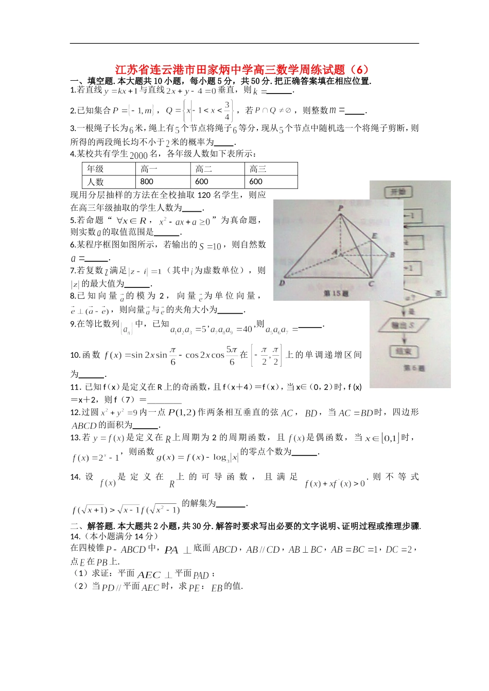 江苏省连云港市田家炳中学高三数学周练试题（6）_第1页