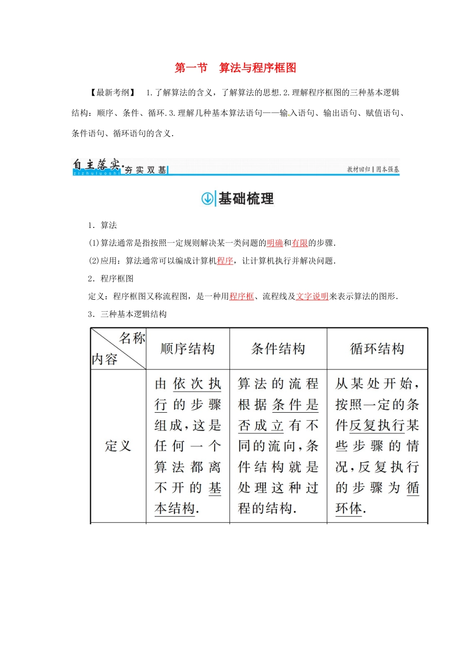 高考数学一轮总复习 第九章 算法初步、统计与统计案例 第一节 算法与程序框图练习 理-人教版高三全册数学试题_第1页