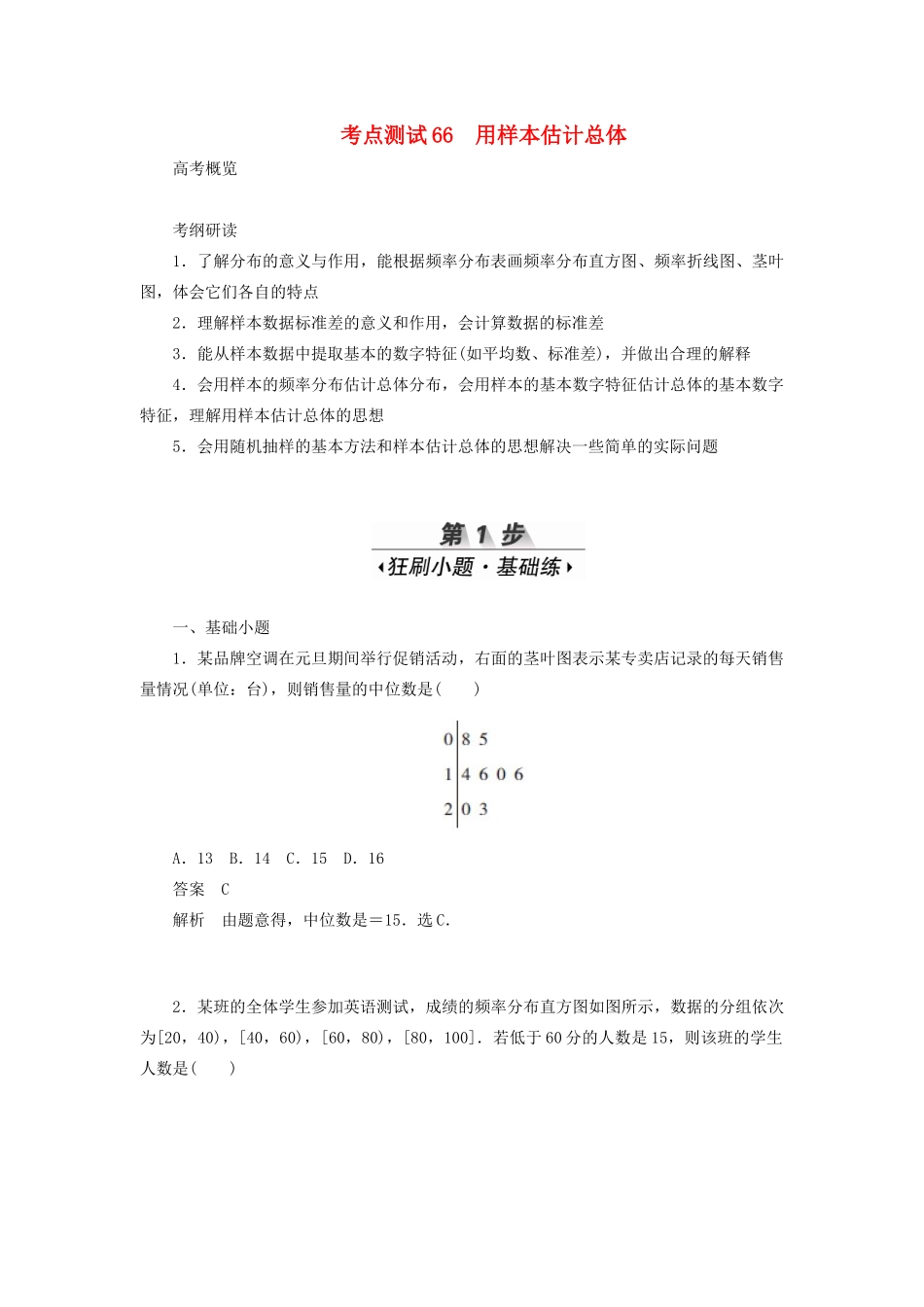 高考数学刷题首选卷 考点测试66 用样本估计总体（理）（含解析）-人教版高三全册数学试题_第1页