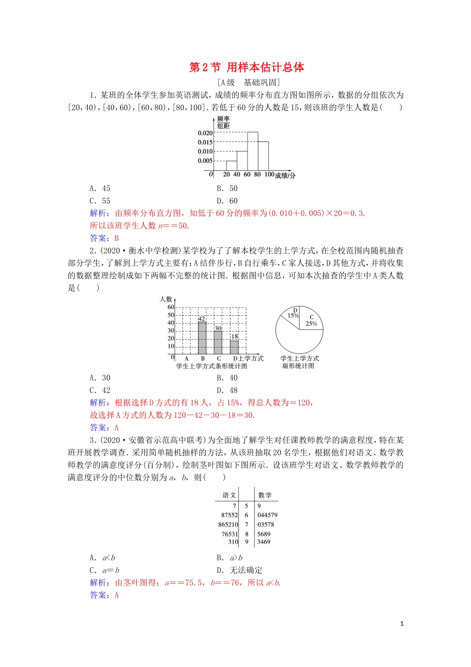 高考数学一轮复习 第九章 统计与统计案例 第2节 用样本估计总体练习-人教版高三全册数学试题_第1页