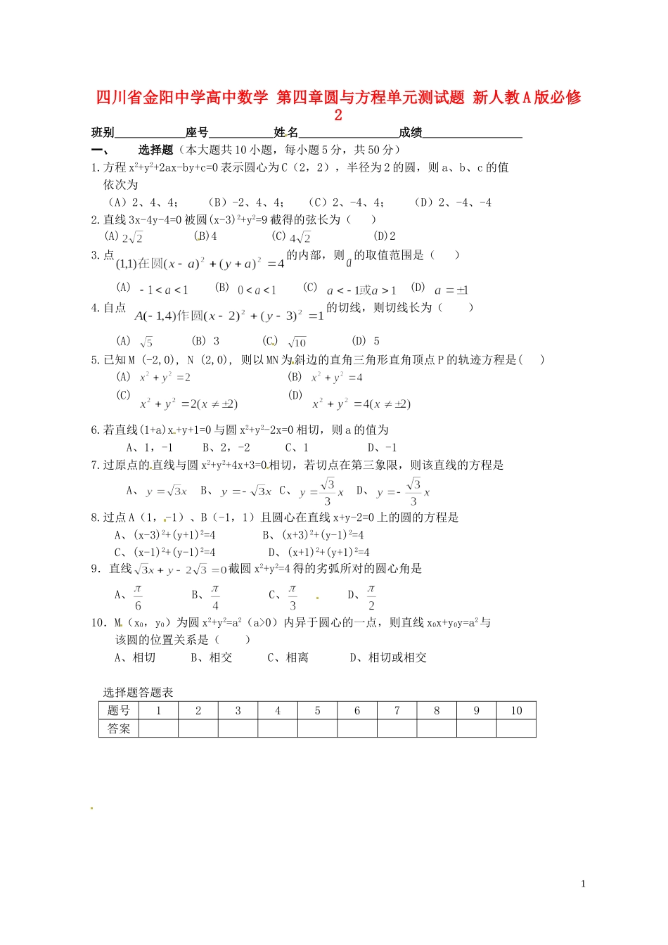 四川省金阳中学高中数学 第四章圆与方程单元测试题 新人教A版必修2_第1页